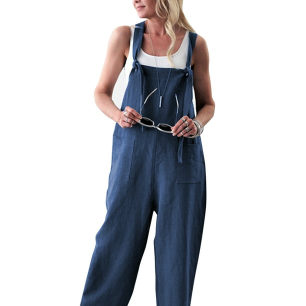 Women Bib Jumpsuit Vintage Print Bohe Loose Pants Cotton Linen Overalls 